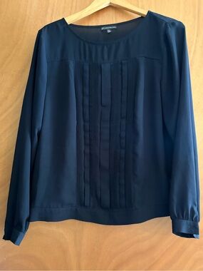 Adrianna Papell Navy Pintuck Front Long-Sleeve Blouse (Semi see through)